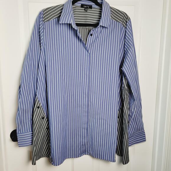 Comfy USA Shirt Womens 1X Blue Gray Striped Button Down Long Sleeve Made in USA - Picture 1 of 11